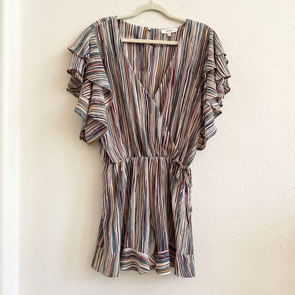 Umgee Women's Colorful Stripe Faux Wrap Ruffle Romper Elastic Waist Size XL